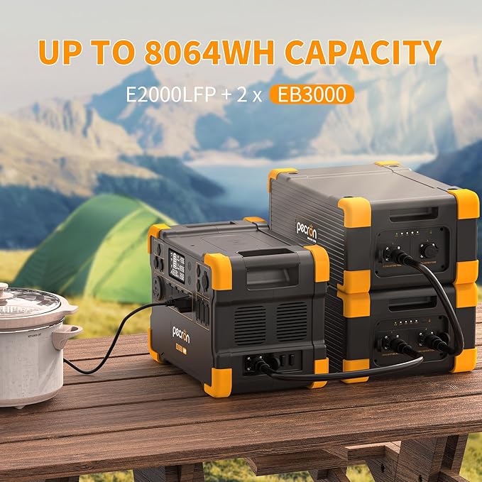 pecron Portable Power Station E2000LFP Expandable 8604Wh with 2xEB3000-24V External Battery LiFePO4 2000W AC Outlets Fast Charging Solar Generator for Home Backup and Outdoor Camping