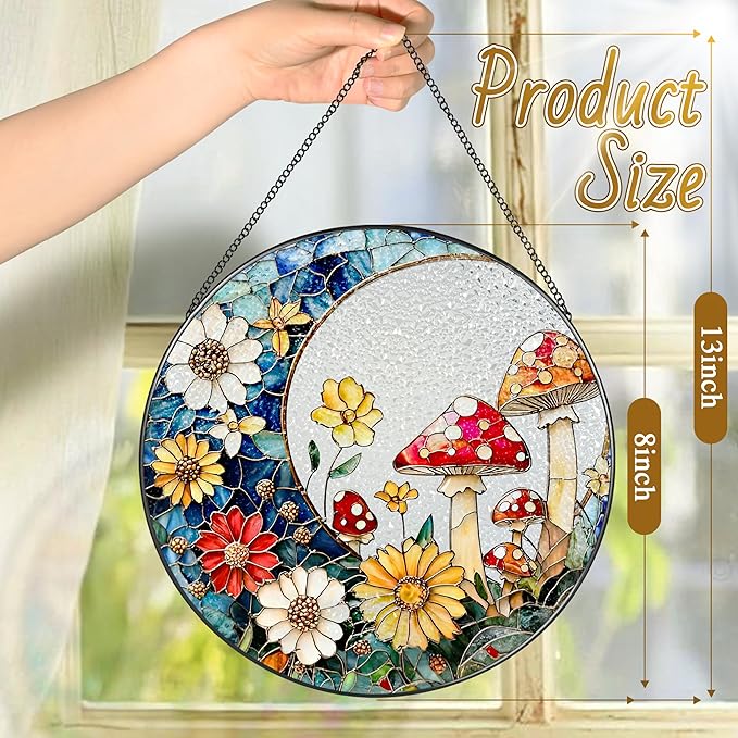 8 Inch Mushroom Suncatcher, Stained Glass Mushrooms Home Decor, Stained Glass Window Hanging, Plant Lover Gifts for Women, Birthday Gifts for Her Mom Grandma, Idea Gift, Gift Exchange