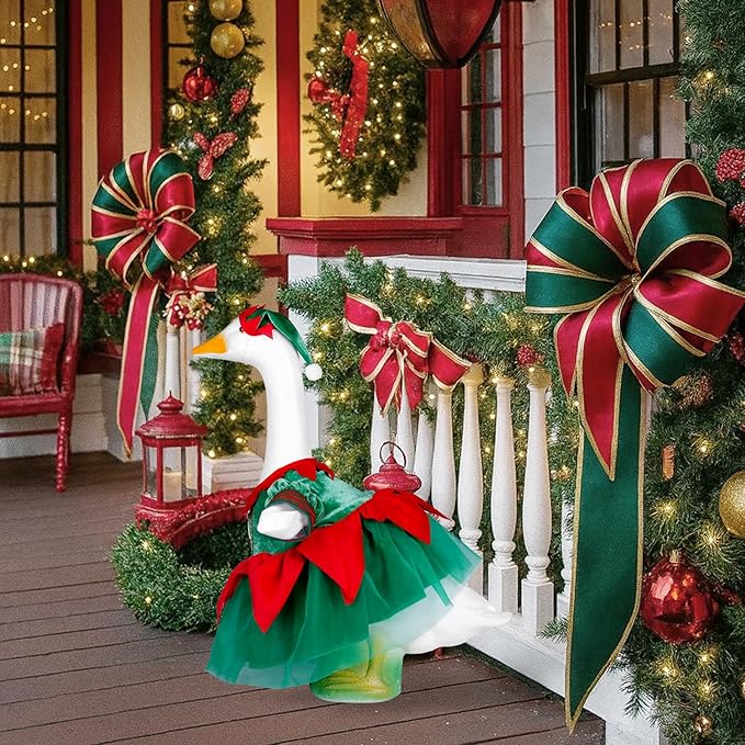 Christmas Porch Goose Outfit Dresses Clothes for 23" High Cement or Plastic Porch Goose Costume for Yard Lawn Outdoor Garden Patio Statue Xmas Santa Holiday Decor