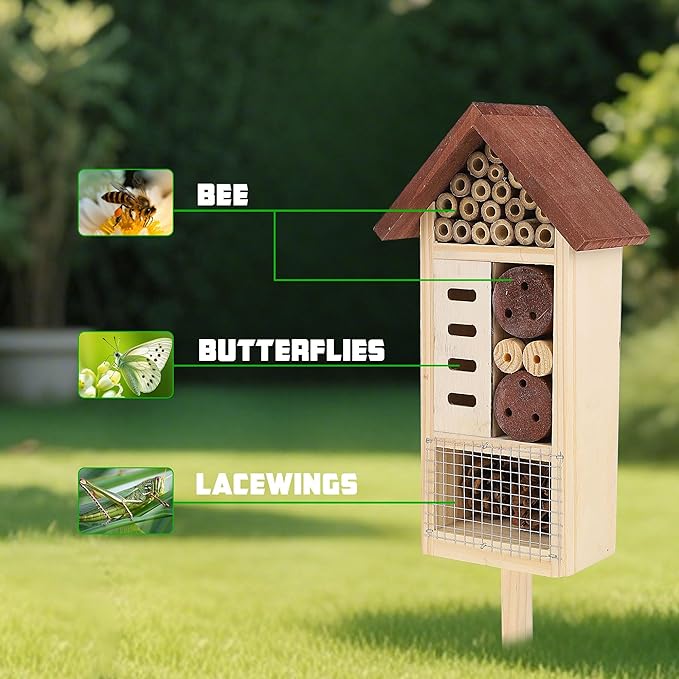 Lulu Home Wooden Insect House with Stake, Hanging & Inserting Two Mount Ways Insect Hotel for Bee, Butterfly, Ladybirds, Beneficial Insect Habitat, Bug Hotel Garden, 19.7 X 3.4 X 5.4 Inch