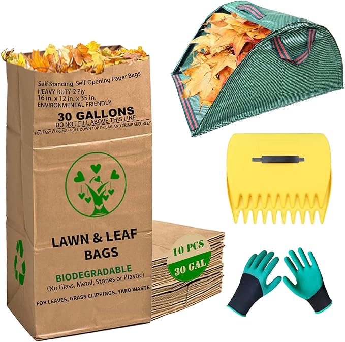 30 Gallon Heavy Duty Brown Paper Lawn and Leaf Bags with 22 GAL Dustpan-Type Bag and Leaf Scoops| 2-Ply Large Kraft Paper Bags (10 Count) | Tear Resistant Yard Waste Bag for Home and Garden