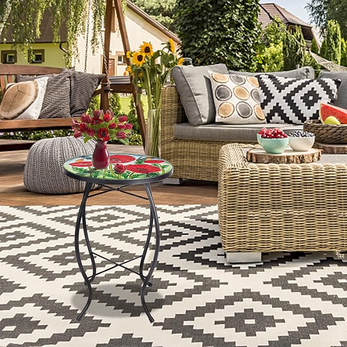 MUMTOP Outdoor Side Table - Small Mosaic Patio Tables, 14” Round Accent End Coffee Glass Plant Stand for Garden Living Room(Poppy)