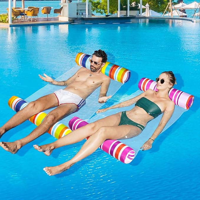 FindUWill 2 Pack Fabric Water Swimming Pool Floats Hammock, XL, Inflatable Multi-Purpose Water Hammocks Floaties (Saddle, Lounge Chair, Hammock, Drifter), Pool Float Lounger for Adults Vacation