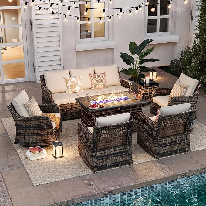 MEISSALIVVE 7 Pieces Patio Furniture Set with 43" Fire Pit Table, Wicker Patio Conversation Set with Swivel Rocking Chairs, Outdoor Patio Set for Lawn Backyard Porch (Brown)