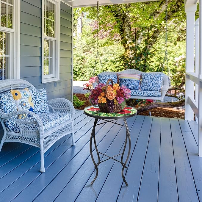 MUMTOP Outdoor Side Table - Small Mosaic Patio Tables, 14” Round Accent End Coffee Glass Plant Stand for Garden Living Room(Poppy)