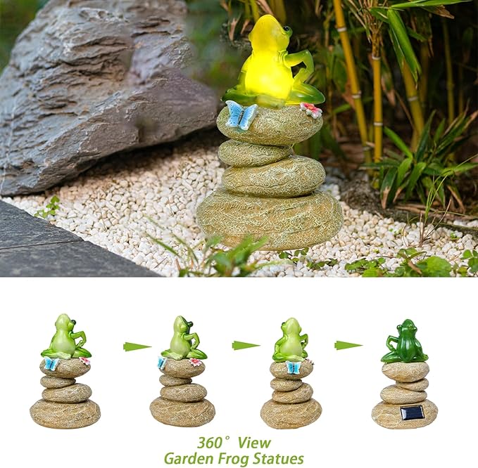 Solar Garden Statues Outdoor Frog Decor, Garden Sculptures Stones Solar Statue Novelty Yoga Frog Figurine Decoration for Patio Yard Porch Art Home Decor