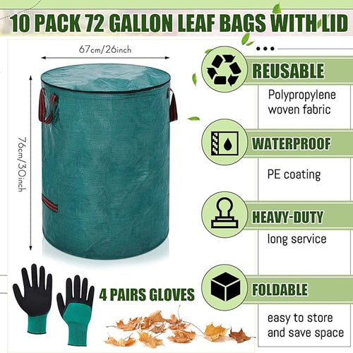 10 Pcs 72 Gallons Yard Waste Bags with Lid and 4 Pairs Gardening Coated Gloves Leaf Bags (h30" x D26") 4 Handles Large Waste Container for Lawn Yard Weed Leaf