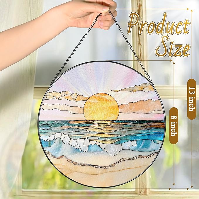 8'' Ocean Sunset Suncatcher Ornament, Stained Glass Window Hanging, Suncatchers for Windows Hanging Ornaments, Window Decor | Beach Lover Gift, Summer Vibes Gift, Gifts for Friends, Famliy