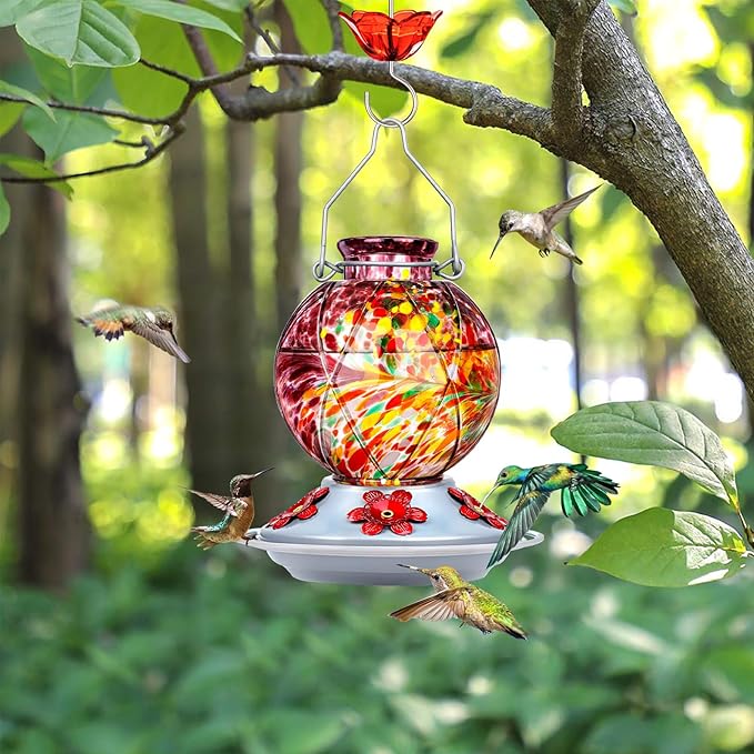 BOLITE Hummingbird Feeder, Hummingbird Feeders for Outdoors Hanging, Hand Blown Glass, Meshy Texture Ball Shape Bottle, 5 Feeding Ports with Perch, 20 Ounces, Leak Proof, Purple, Gifts for Women Men