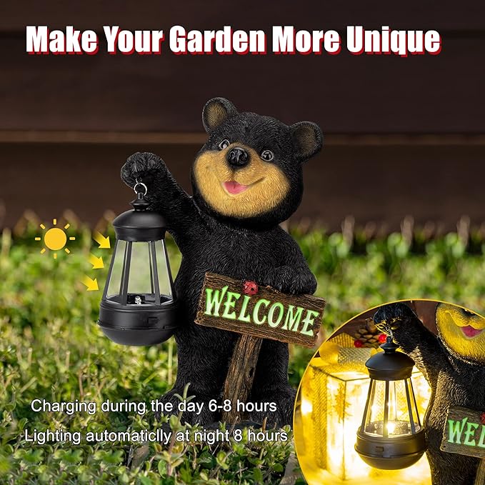 Juegoal Garden Bear Statue with Solar LED Lantern, Luminous Welcome Sign, Gifts for Mom Yard Art, Whimsical Figurine Large Sculpture Lighted Outdoor Mother's Day Spring Decorations for Lawn, Porch