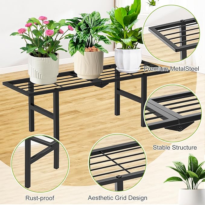 1 Tier Plant Stand Indoor Outdoor, 2 Pack Foldable Heavy Duty Metal Plant Shelf, Multi-Plant Display Flower Pot Holder for Garden Patio Balcony, Black