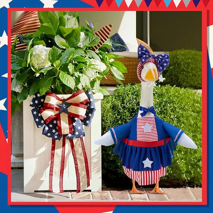4th of July Porch Goose Outfits for 23 Inch Lawn Statue, Patriotic Costume for Plastic/Cement Statue, Seasonal Independence Day/Memorial Day Sculpture Clothes for Garden Patio Party Decoration