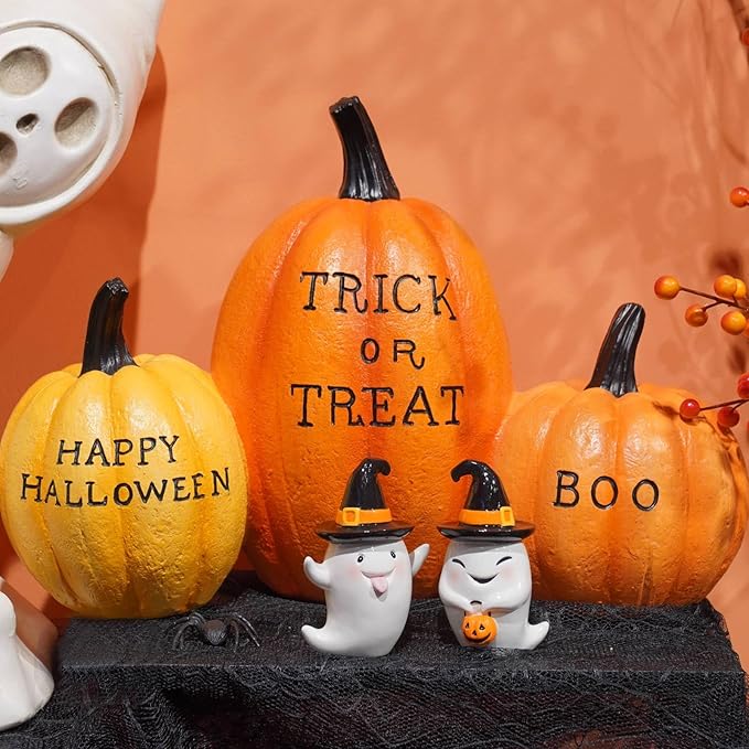Halloween Decorations Ghost Statues Collectible-Figurines - Halloween Decor Indoor Cute Boo Ghost Sculpture Resin White Ghost With Black Hat Party Supplies Set of 2, 2.5*2*3.5 inch Newman House Studio