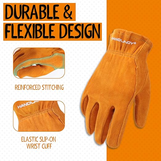 HANDLANDY Kids Genuine Leather Work Gloves for ages 3-11, Children Gardening Gloves for Boys, Girls (Large (for age 8-11), Orange)