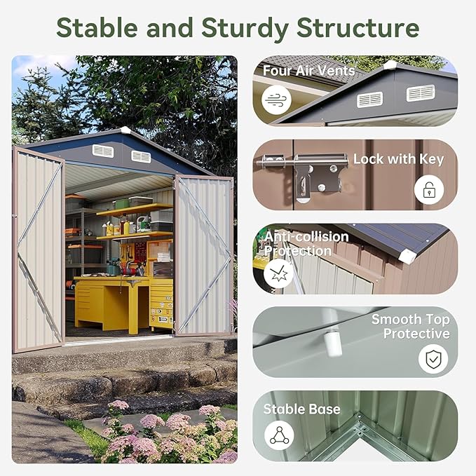 Aoxun 10'x12' Outdoor Metal Storage Shed with Lockable Door & Sloping Roof- Ideal for Tools, Garden Equipment & Bikes, Perfect for Patio Placement(Brown)