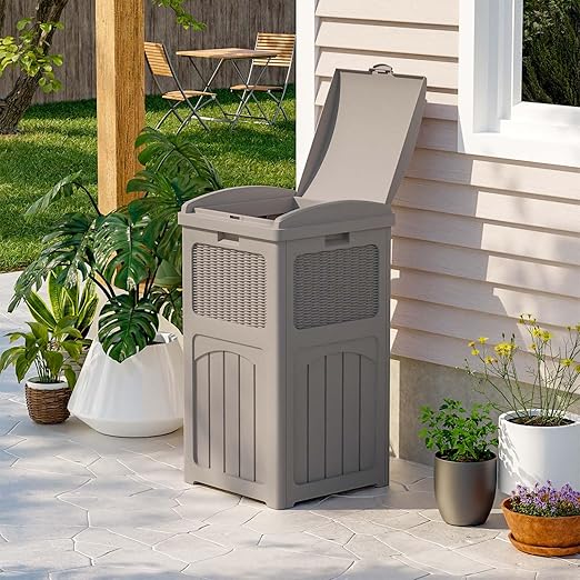 Patiowell 36 Gallon Outdoor Trash Can, Resin Outdoor Garbage Can with Lid for Patio, Backyard, Deck, Light Brown