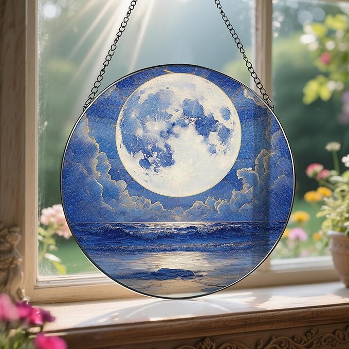 8'' Full Moon Over Ocean Sun Catcher Ornament, Stained Glass Window Hanging, Suncatchers for Windows Hanging Ornaments, Window Decor | Ideal Gift, Mother's Day, Christmas, Birthday Gifts