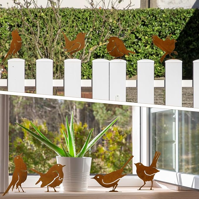 DIVINA VITAE 10Pcs Rusty Birds Decoration Lifelike Metal Birds Yard Art Simulation Bird Statue Yard Garden Decor for Outdoor Sculptures Art Fence Decorations