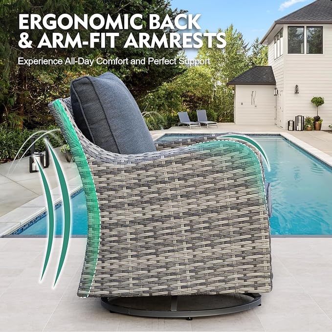 MEISSALIVVE Outdoor Patio Furniture Set with Swivel Chairs, 7 Pieces Wicker Rattan Sofa Couch with Loveseat, Patio Conversation Set with Rocker Patio Chair, 2 Ottomans and Coffee Table (Grey)