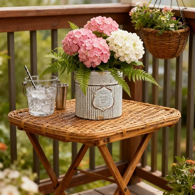 Vintage Galvanized Metal Planter Pots Set of 2, Rustic Farmhouse Flower Pots with Handles, "Potager A Paris 1903" Decorative Planters for Indoor Outdoor Gardening, Succulents, Herbs, Home Decor