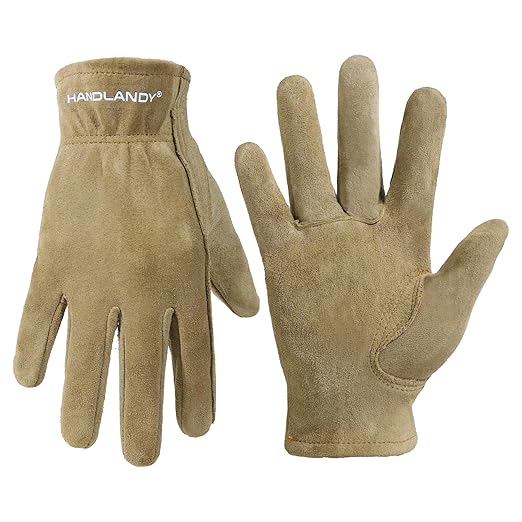 HANDLANDY Kids Genuine Leather Work Gloves for ages 3-11, Children Gardening Gloves for Boys, Girls (Large (age8-11), Khaki)