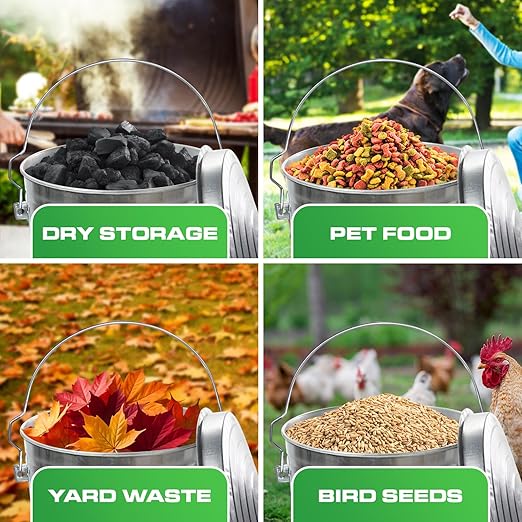 Plexon 10 Gallon Metal Trash Can with Locking Lid Galvanized Bucket with Lid for Poultry Feed Bird Seed Storage Ash Outdoor Garbage Trash Bin, 2 Pack
