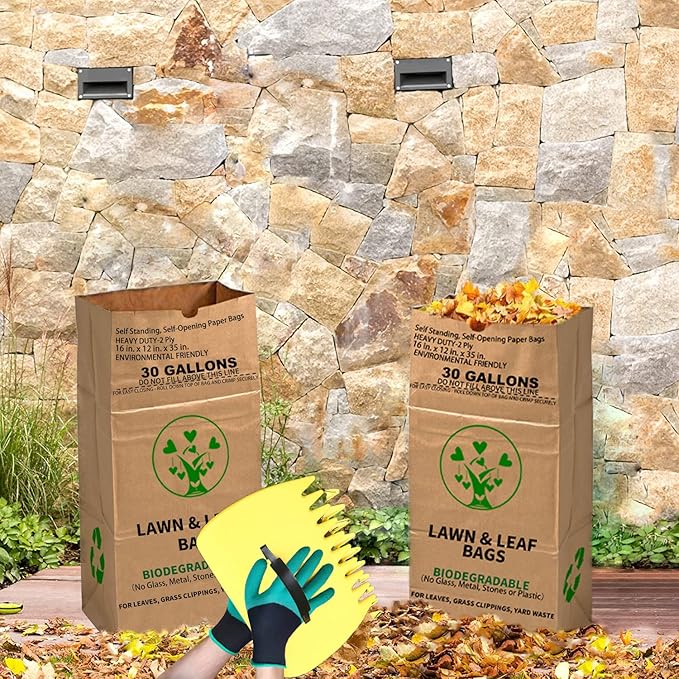 30 Gallon Heavy Duty Brown Paper Lawn and Leaf Bags with 22 GAL Dustpan-Type Bag and Leaf Scoops| 2-Ply Large Kraft Paper Bags (10 Count) | Tear Resistant Yard Waste Bag for Home and Garden