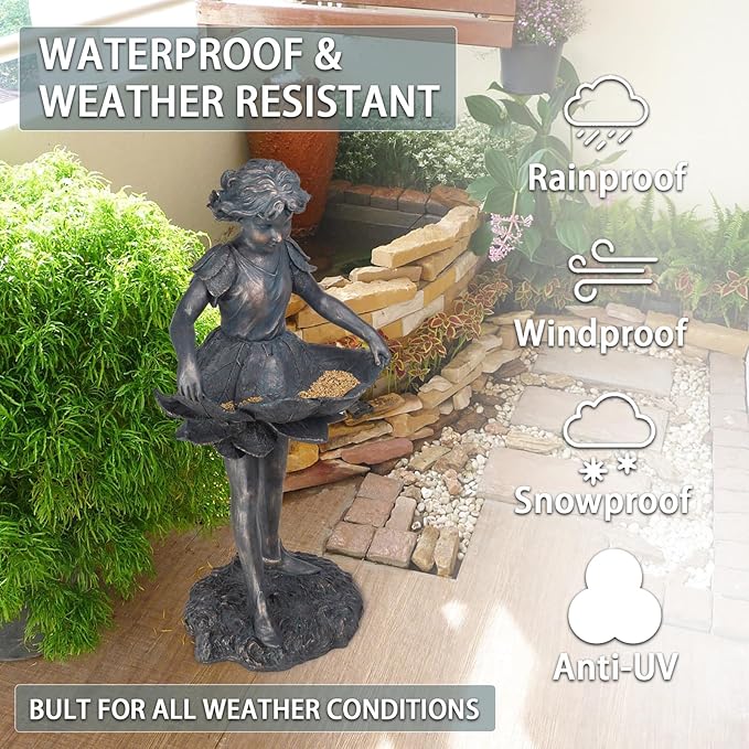 Outdoor Garden Statues - Bird Bath & Feeder Combo - Standing Angel Fairy Statues, 14.25*12.25*28.75 Inch