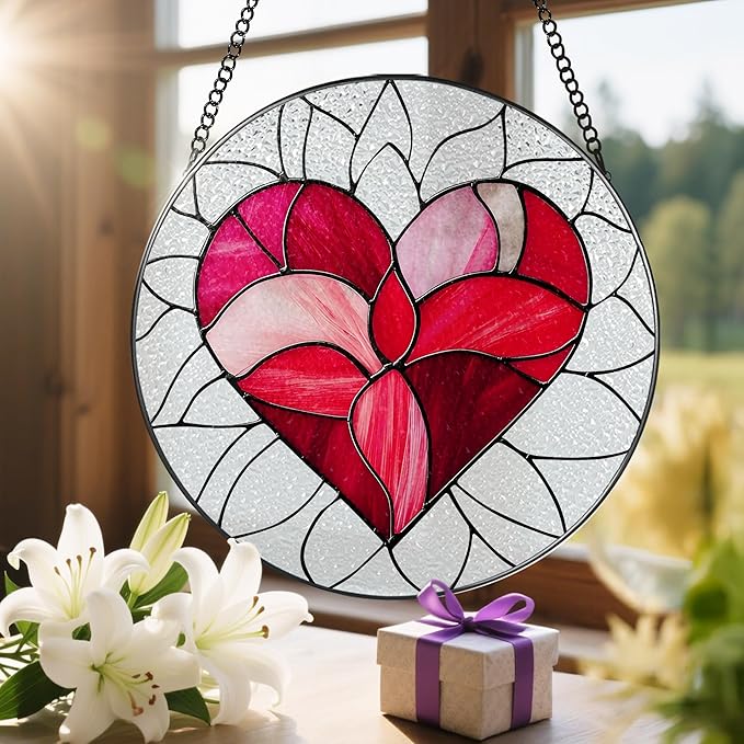 8'' Valentine Heart Suncatcher Ornament, Stained Glass Window Hanging, Suncatchers for Windows Hanging Ornaments, Valentine's Romantic Decor | Valentine's Day Gift, Gifts for Girlfriend, Wife