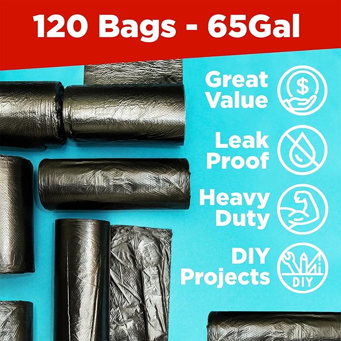 ToughBag 65 Gallon Trash Bags (120 Count) – 50x48" Large Black Garbage Can Liners – Made in USA