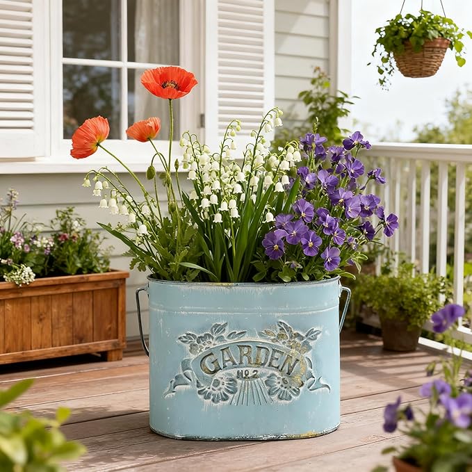 Vintage Distressed Blue Metal Planter Pot with Handles, Garden No.2 Embossed Design, Rustic Farmhouse Flower Bucket for Indoor Outdoor Gardening, Succulents, Herbs, Home Decor