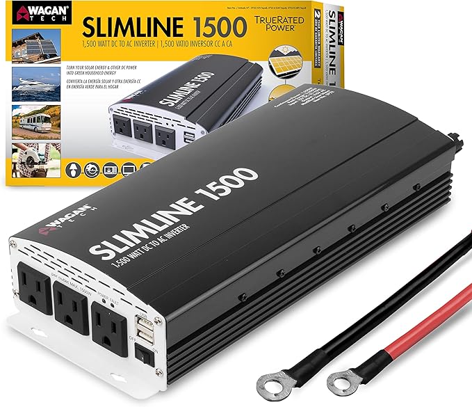 Wagan EL3722 1500W Slim Line AC to DC Power Inverter 1500W TrueRated Continuous 3000W Surge Power DC 12V to AC 110V Power Inverter with 2 AC Outlets and 2A USB Charging Port