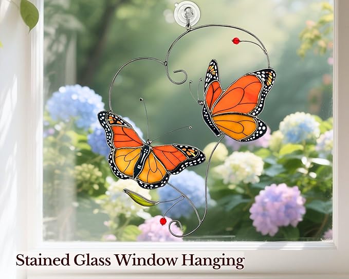 Monarch Butterfly (1 Pair) Stained Glass Suncatcher for Mom, Grandma, Women - Real Glass Window Hanging Ornament - Handmade Butterflies Home Decor (Gifts Ready Packaging)
