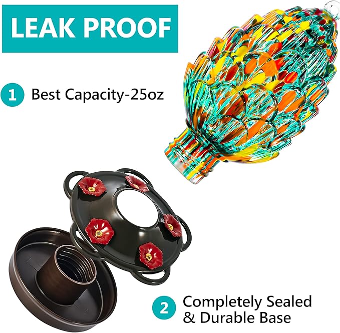 LUJII Pine Cone Shaped Hand Blown Glass Hummingbird Feeder for Outdoors Hanging, Rust Proof & Leak Proof, 25 fl.oz, Unique Gift for Women, Garden & Backyard Decor, Teal