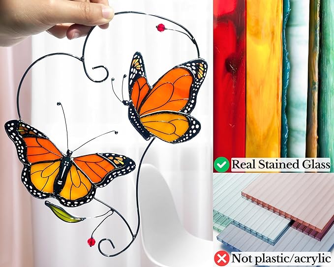 Monarch Butterfly (1 Pair) Stained Glass Suncatcher for Mom, Grandma, Women - Real Glass Window Hanging Ornament - Handmade Butterflies Home Decor (Gifts Ready Packaging)
