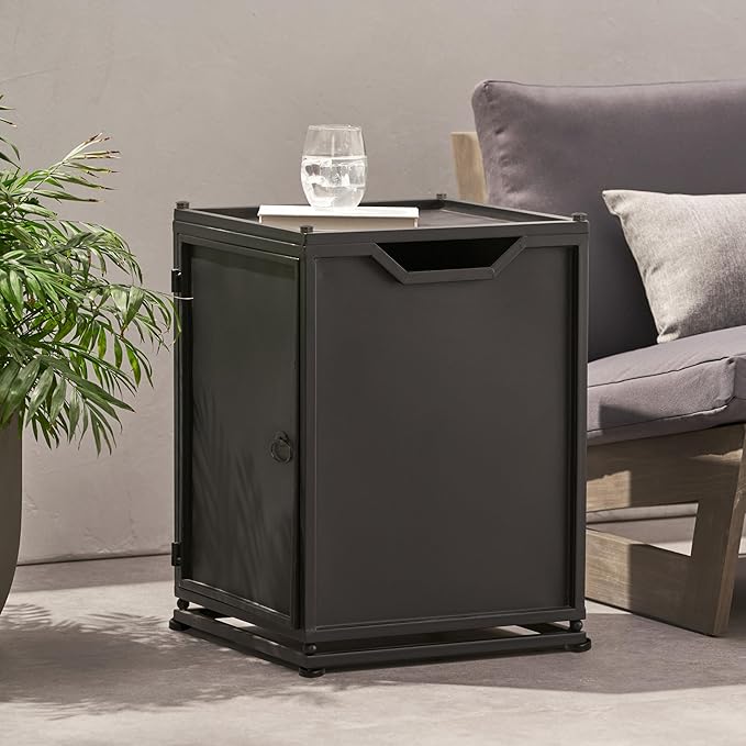 Propane Tank Cover Table for Fire Pits, 20 LB Iron Propane Tank Holder with Side Handles, Outdoor Tank Storage Side Table for Patio, Gas Griddle, Matte Black