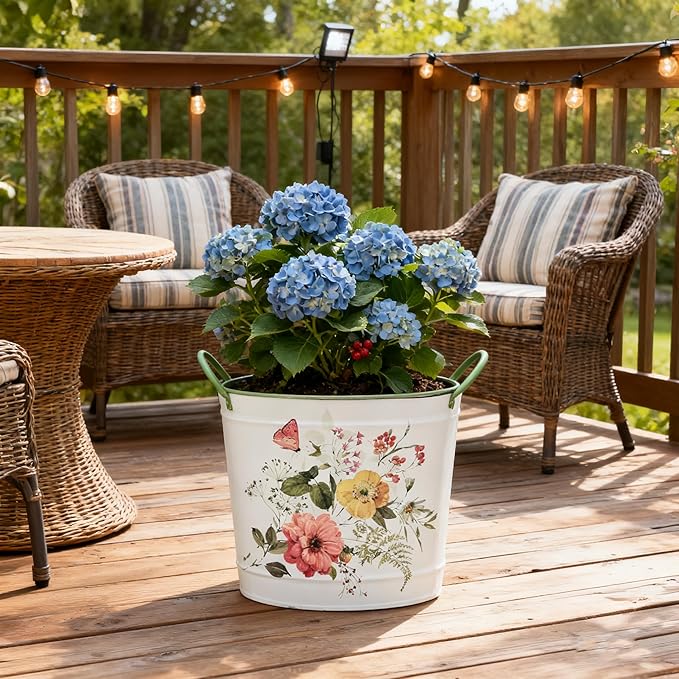 Set of 3 Vintage Floral Butterfly Metal Planter Pots, Decorative Flower Buckets with Handles, Rustic Farmhouse Plant Containers for Indoor Outdoor Gardening, Succulents, Herbs, Home Decor