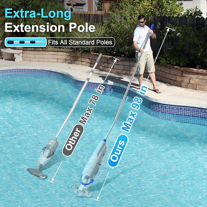 (2025 Upgraded) Cordless Pool Vacuum with Telescopic Pole, 60 Min Powerful Suction & Transparent Head, Rechargeable Handheld Cleaner for Above Ground Pools, Inground Pools, Hot Tubs and Spa