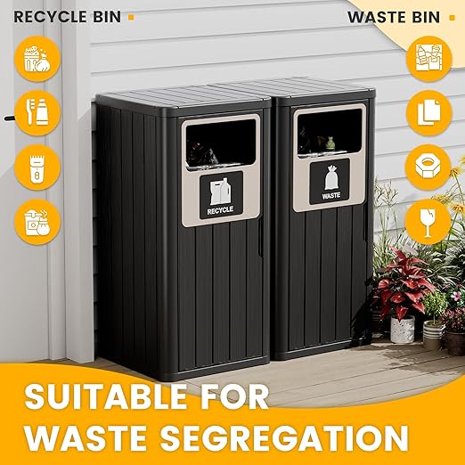 2pcs Outdoor Trash Can Waterproof Resin Garbage Can with Garbage Labels Outdoor Trash Bin for Patio, Garden,Kitchen, Black