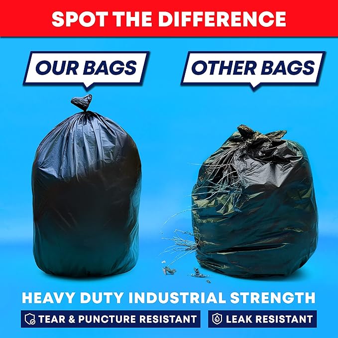 Veska 55 Gallon Trash Bags Heavy Duty, (Value-Pack 50 Count w/Ties) 55-60 Gallon Trash Bags Large Black 50-60 Gallon Garbage Liners for Lawn, Leaf, and Commercial