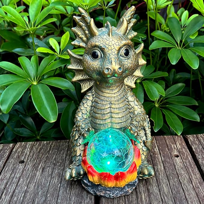 Solar Garden Statue Dragon Figurine with 7-Color Changing Solar Crackle Globe Lights- Loving Dragon for Patio,Balcony,Yard, Lawn-Unique Idea Gifts (Gray)