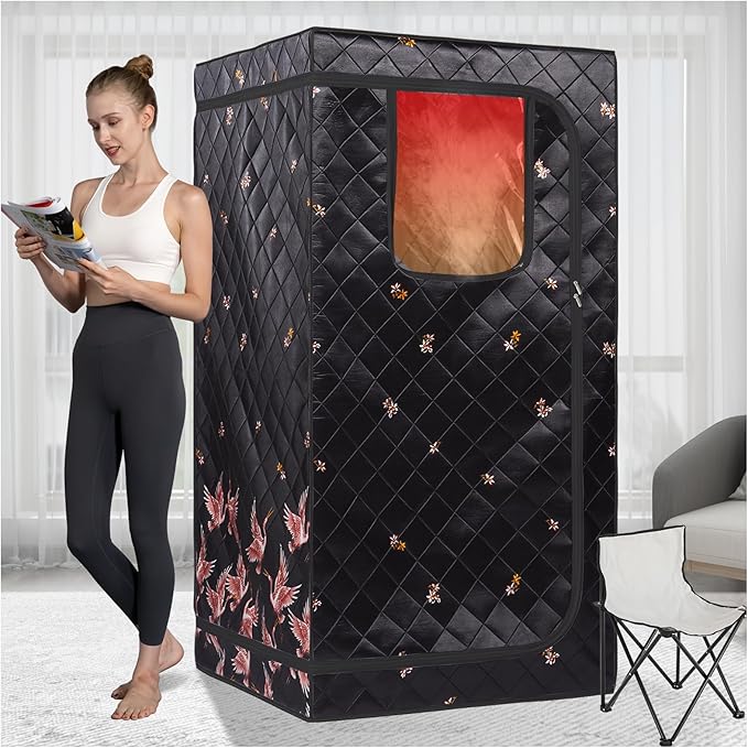 Smartmak Full Size Portable Home Sauna Kit, 1 Person Far Infrared Sauna, Full Body Sauna Tent for Relaxation, with Timer & Temperature Remote Control, Foot Heating Pad,Upgraded Folding Chair - Black