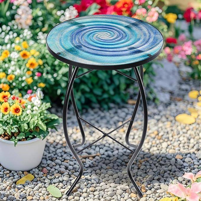 MUMTOP Outdoor End Tables for Patio, The Milky Way Small Round Side Table, Glass Accent Table for Outside, Garden, Balcony, Porch, Indoor Home Decor