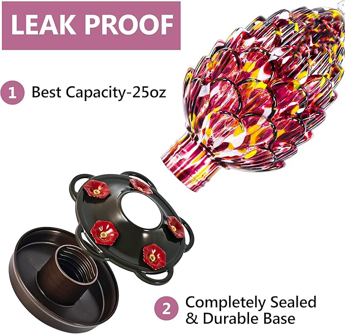 LUJII Pine Cone Shaped Hand Blown Glass Hummingbird Feeder for Outdoors Hanging, Rust Proof & Leak Proof, 25 fl.oz, Unique Gift for Bird Lover, Garden & Backyard Decor, Purple