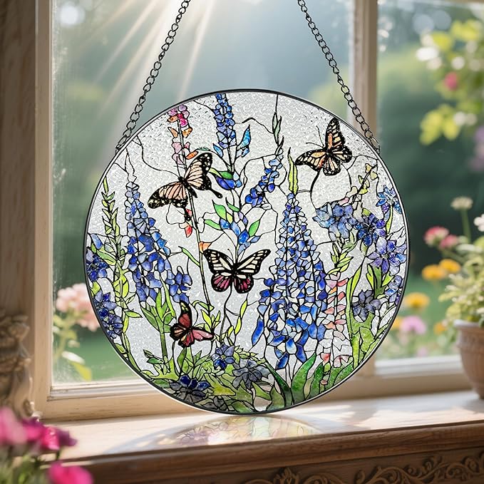 Lavender Monarch Butterfly Stained Glass Suncatcher, 8 Inch Windows Hanging Art, Stained Glass Windows Hanging, Plant Lover Gifts for Women, Gifts for Butterfly Lovers, Idea Gift, Gift Exchange