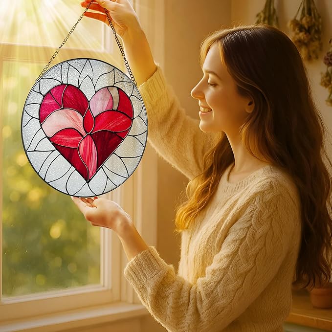 8'' Valentine Heart Suncatcher Ornament, Stained Glass Window Hanging, Suncatchers for Windows Hanging Ornaments, Valentine's Romantic Decor | Valentine's Day Gift, Gifts for Girlfriend, Wife