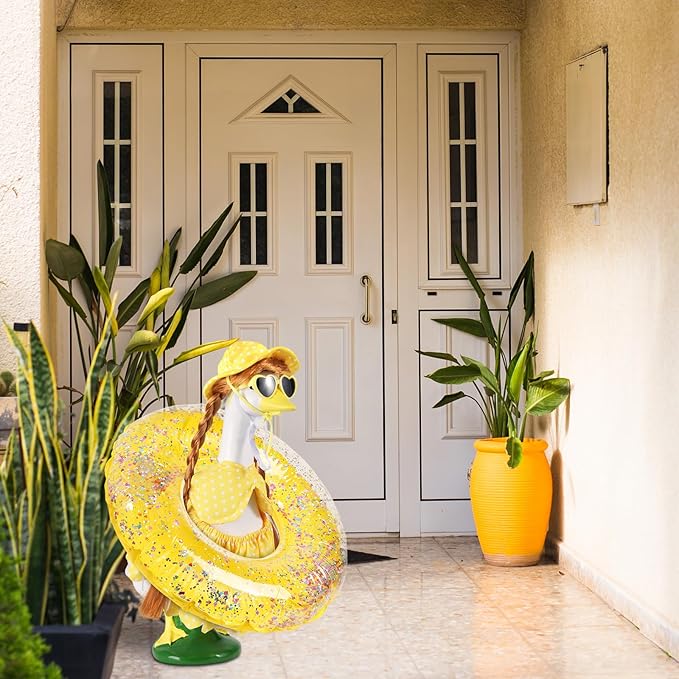 Hawaiian Porch Goose Outfits with Braid Wig Set, Bikini Goose Clothes – Fits 23” Porch Goose Statue, Outdoor Patio Yard & Lawn Decoration