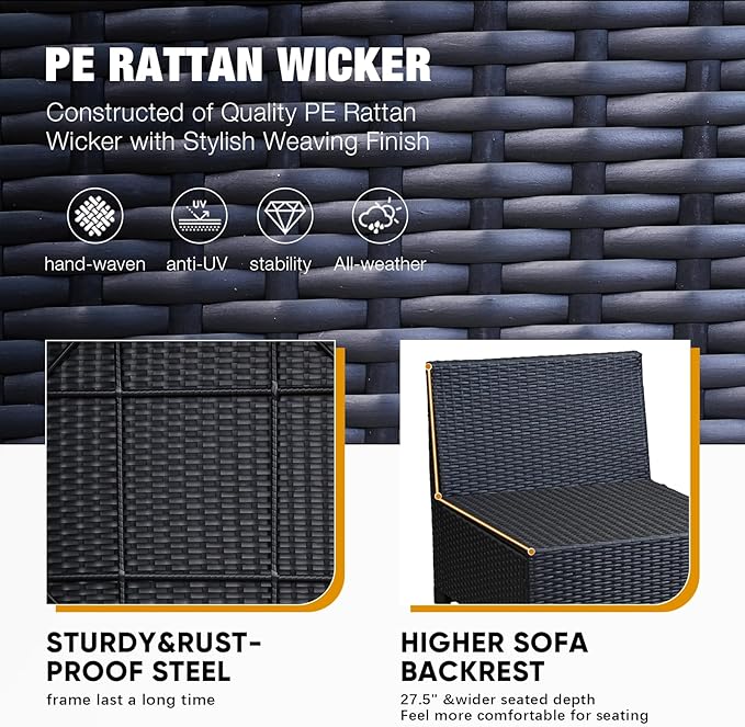 6 Pieces Patio Furniture Set All-Weather Outdoor Wicker Sectional Conversation Sofa Rattan Patio Seating Sofa with Cushion and Glass Table for Porch Poolside,Peacock Blue