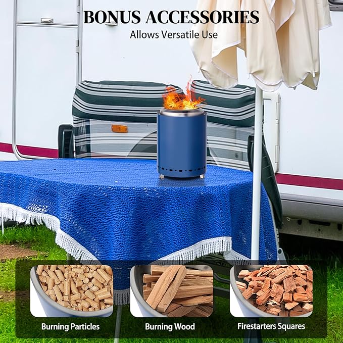 Tabletop Fire Pit 9.7 x 7.1 Inch with Removable Ash Pan, Smokeless Firepit Camping Stove with Bag for Outdoor Safe Burning Firepits, Stainless Steel Wood Burning Fire Pits for Heating, Blue