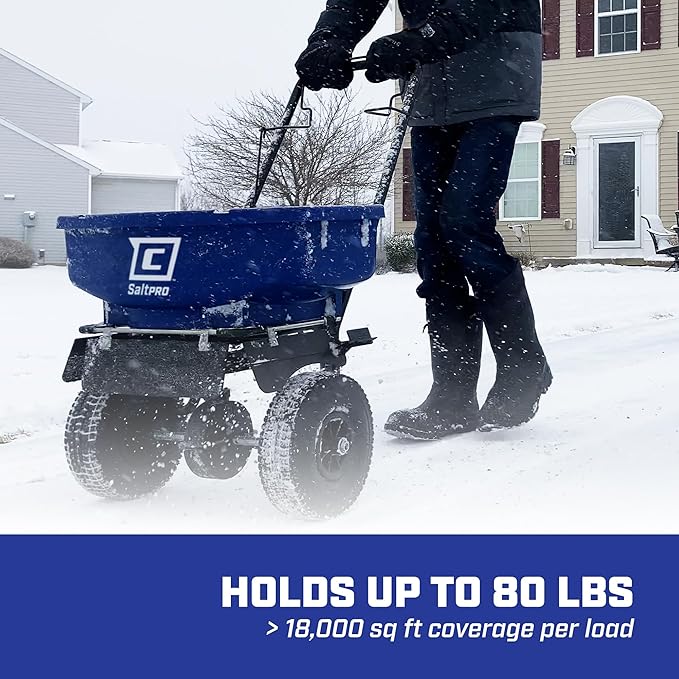 Chapin 88200A Spreader, Salt, Ice Melt, All Season, Walk Behind, Spiked Auger, Adjustable Baffles, 12" Tires, Coated Steel Frame, Enclosed Gears, Weather-Resistant, Rain Cover, 80Lbs